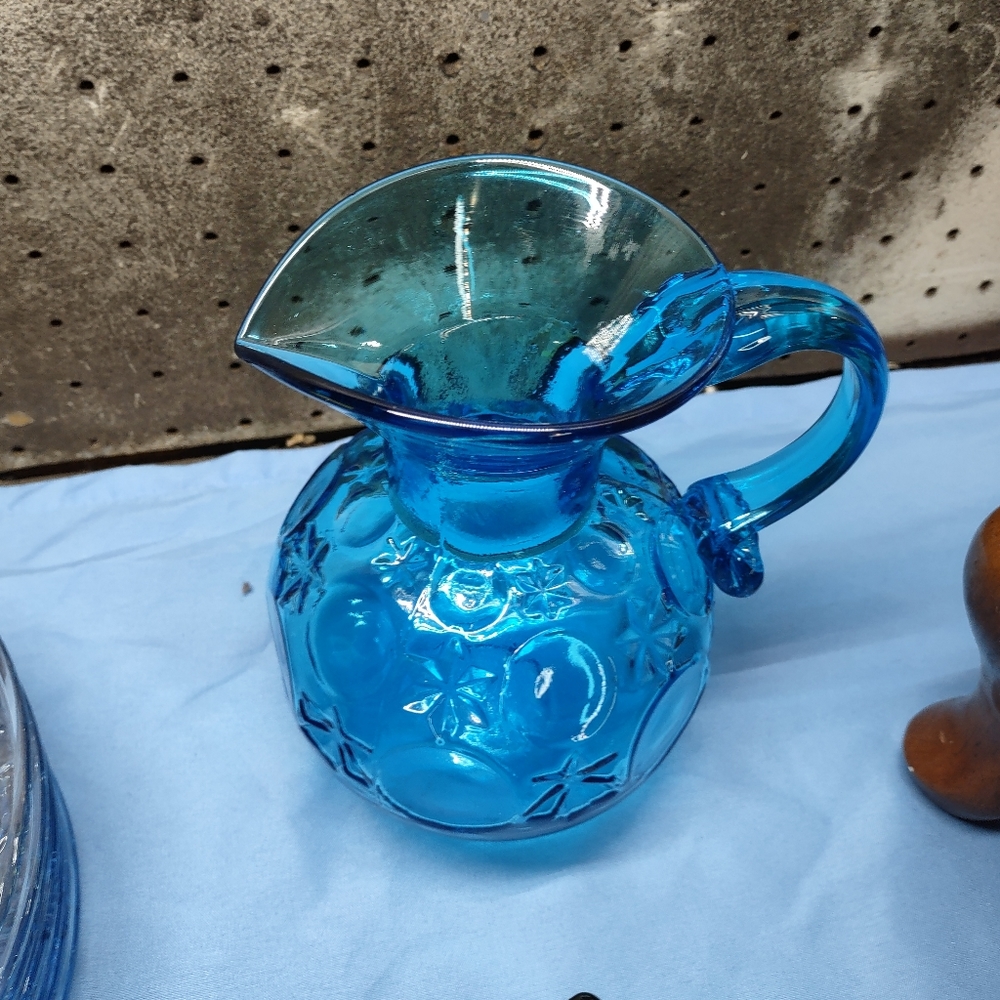 Vintage Aqua Blue Art Glass Pitcher with Handle Atomic Stars Circle Moon Pattern
